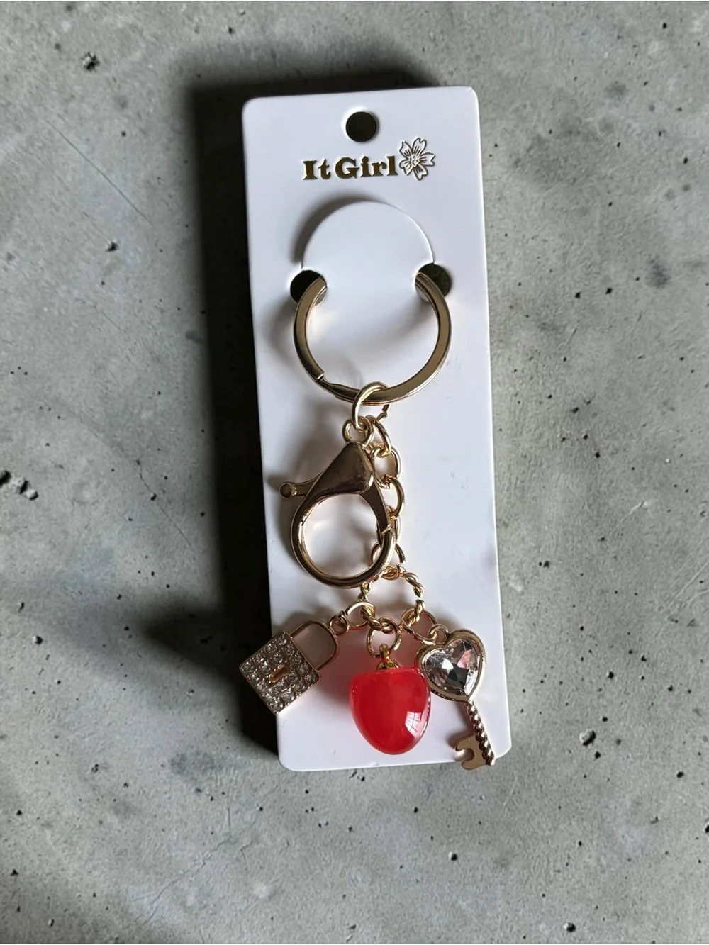 Gold Cherry Lock and Key Keychain
